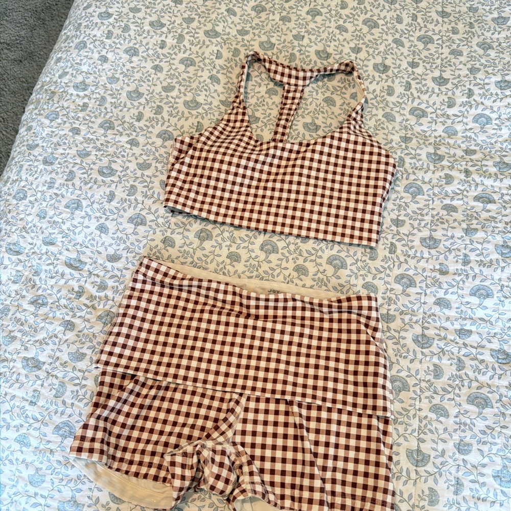 Target Brown and White Gingham Athletic Crop Top & Shorts Set